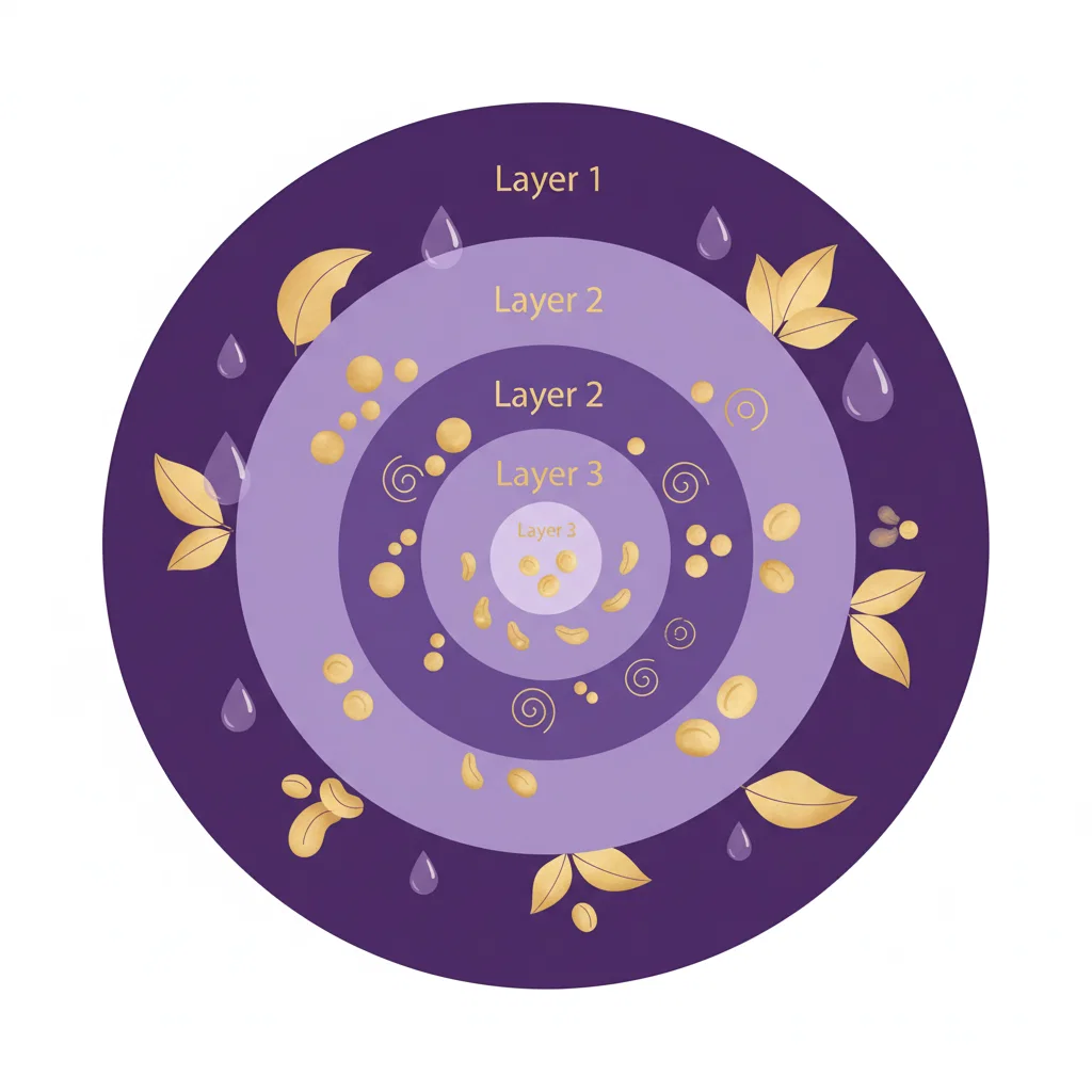 Educational infographic showing three botanical ingredient layers with leaf and seed icons